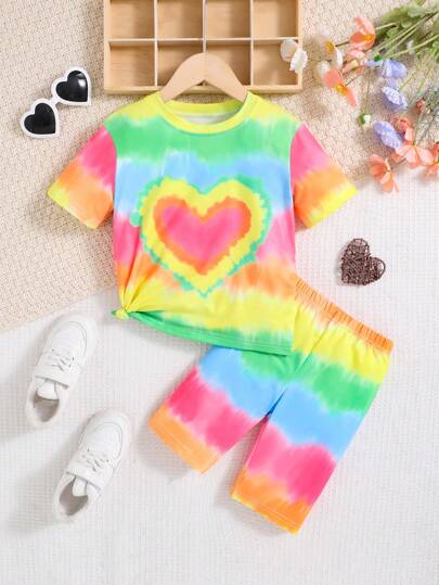 SHEIN Young Girl 2pcs/Set Colorful Tie Dye Top And Shorts, School, Campus, College