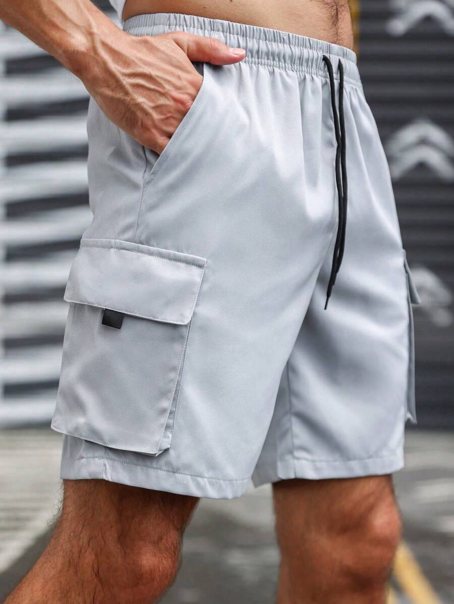 Manfinity Homme Men's Patch Drawstring Waist Cargo Shorts - Light Grey - View 1