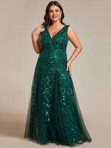 Vestido formal con cuello en V profundo, contraste de color con lentejuelas y malla - Verde Oscuro - Ver 2