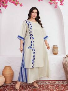 Al Najma 大尺碼女性阿拉伯風格植物印花圓領服裝 - 彩色 - 查看 3