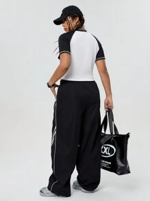 Coolane Lỏng lẻo phù hợp Kích thước lớn Y2K Phong cách đường phố Quần ống rộng Với dây rút Eo Cho mùa xuân Và Mùa hè 2024 - màu đen - Xem 2