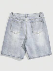 ROMWE MEN Goth Men's Cross Printed Distressed Denim Shorts, Suitable For Daily Wear In Spring And Summer, School - Light Wash - View 2