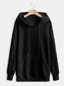 SHEIN LUNE Plus Size Solid Color Drawstring Sweatshirt - Black - View 1