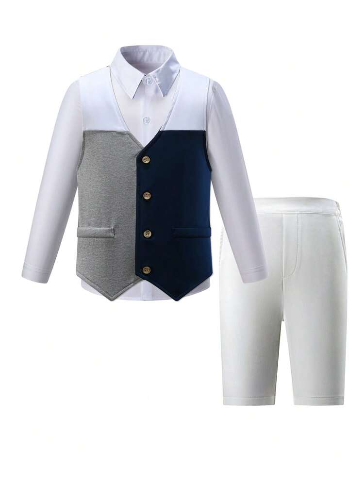 2pcs Color Block Gentlemen's Vest Set, Vintage College Style Suit For Festival, Party, Dress Up Occasions Like Birthday, Wedding Or Performances