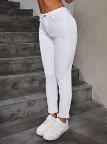 SHEIN ICON High-Waisted Button-Embellished Skinny Stretch Distressed Y2K Jeans - White - View 5