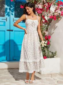 Soleia 女性休閒花卉拼接細肩帶綁帶連帽裙，裙邊褶飾裝飾 - 紫色 - 查看 3