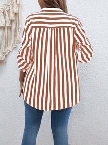 Calvaya Plus Size Summer Striped Patch Pocket Blouse With Notched Collar - Multicolor - View 2
