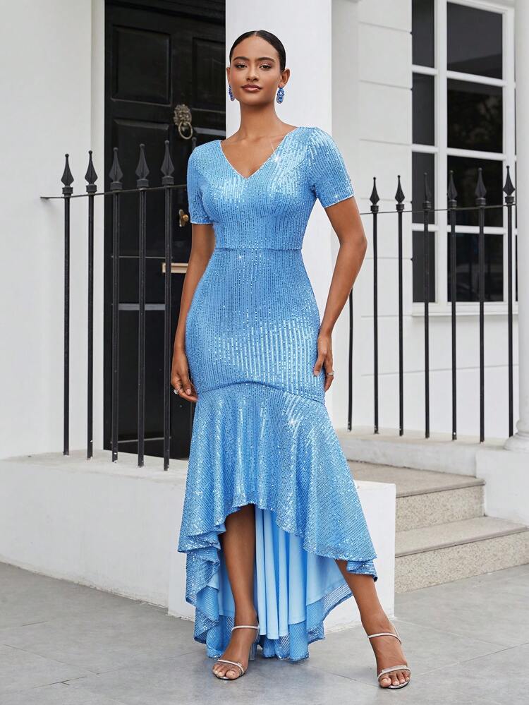 Blue Luxury Sparkly Sequins Fabric Deep V-Neck Mermaid Style Asymmetric Hem Short Front And Long Back Fishtail