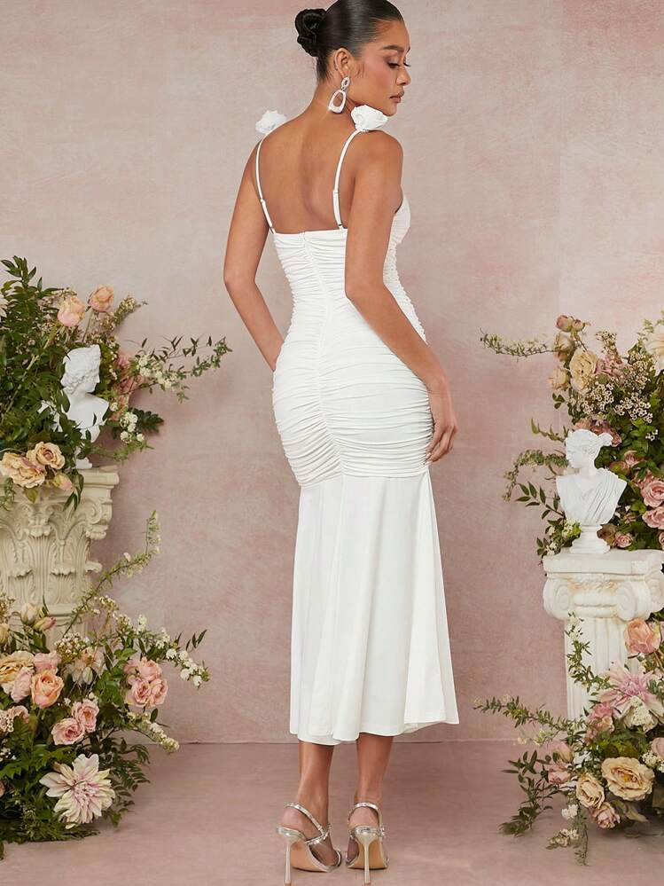 L'Amorae 3D Rosette Ruched Ruffle Hem Dress - White - View 2
