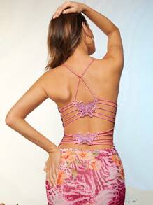 SHEIN BAE Women's Backless Butterfly Fringe Strap Leopard Print Dress With Complicated Belt - Multicolor - View 6