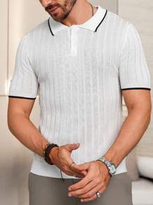 Manfinity Homme Men's Color Block Short Sleeve Polo Collar Knit Top With Decorative Accents - White - View 6