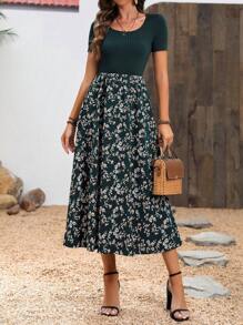 EMERY ROSE 花卉拼布高腰超长女装连衣裙 - 墨綠色 - 查看 3