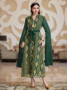 Layrah 全印花几何刺绣斗篷袖腰带长袍连衣裙，带缺口领口，优雅奢华晚会风格 - 綠色 - 查看 5