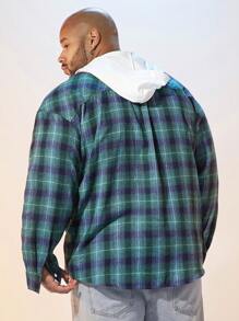 Manfinity VCAY Camisa De Manga Larga Con Capucha Y Cordón Con Bloques De Colores De Talla Grande Para Hombre, Con Estampado A Cuadros Y Lema - Verde - Ver 2