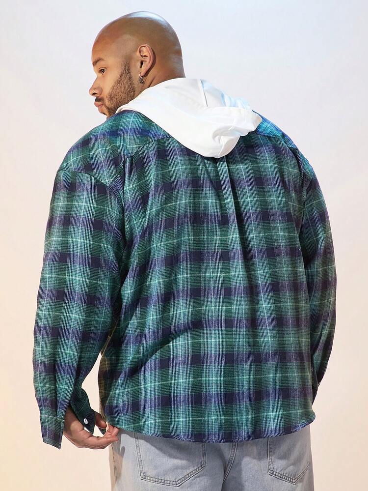 Men's Plus Size Plaid Slogan Print Color Block Drawstring Hooded Shirt