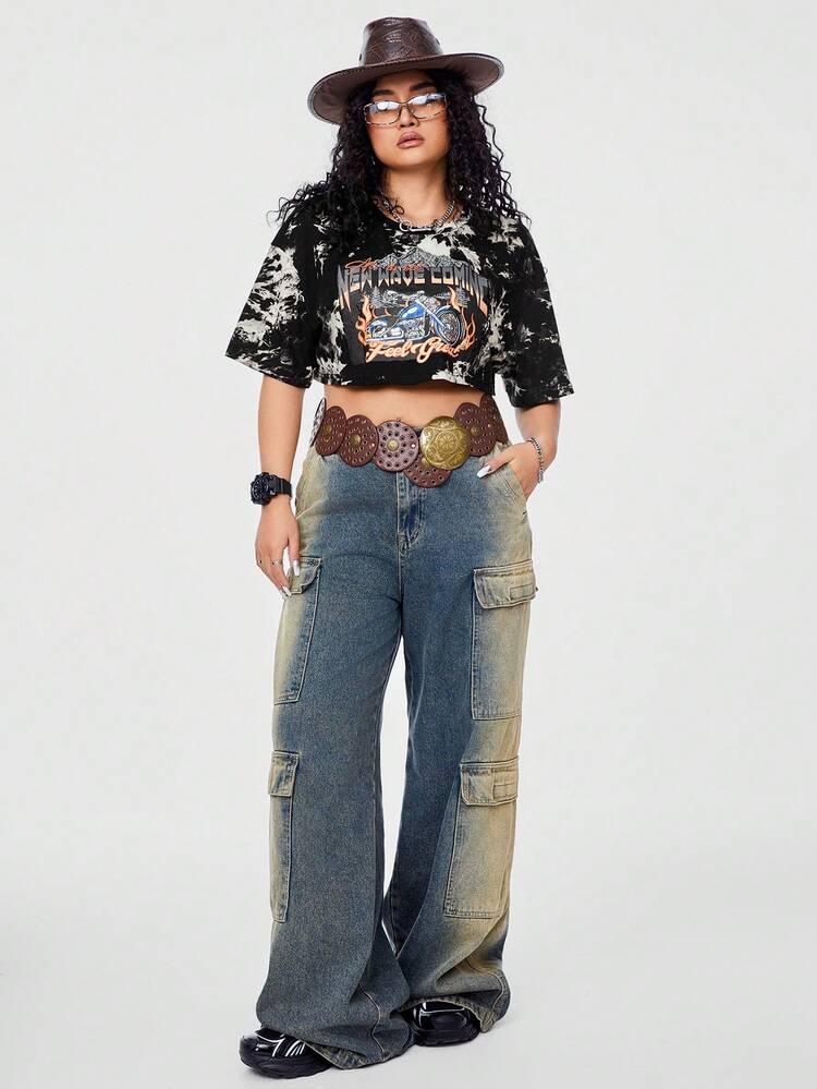 Plus Size Loose Fit Tie-Dye Print Music Festival Cropped Race Car Graphic T-Shirt