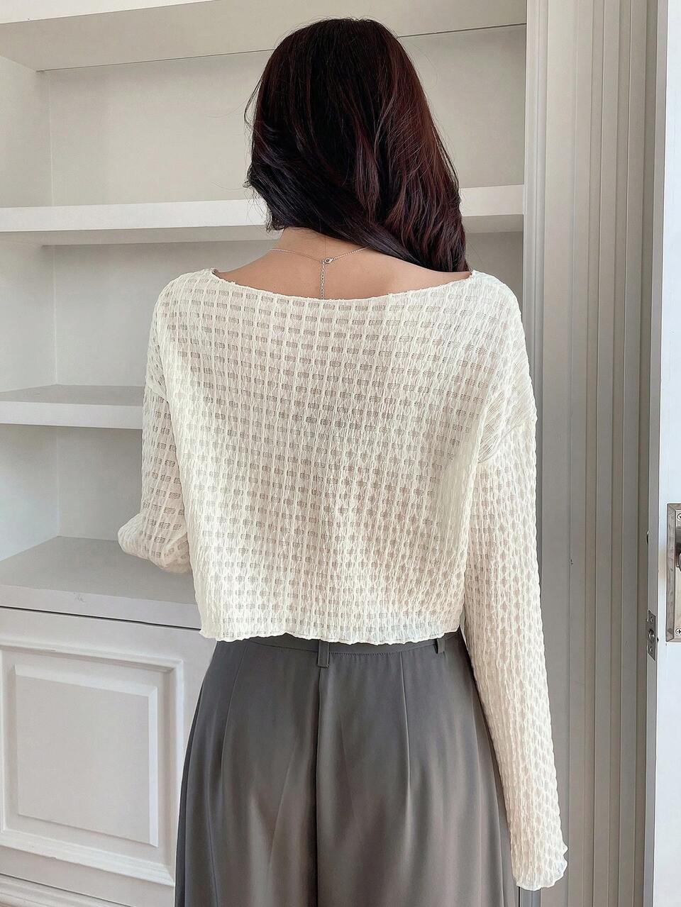 Solid Color Texture Scoop Neckline Asymmetrical Front Cropped Loose Long Sleeve Women's T-Shirt,Fall Clothes Cover Ups For Swimwear