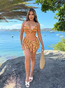 SHEIN SXY Women's 2pcs/Set Bohemian Style Rainbow Striped Halter Neck Vest And Skirt Set For Beach Vacation