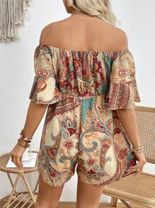 SHEIN Paisley Printed Maternity Off Shoulder Drawstring Waist Romper - Multicolor - View 3