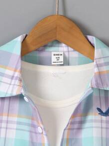 SHEIN Young Boy Plaid Breathable 2 Pieces Set, Suitable For Getaways, Holidays, Travels, Relaxation, Sunbathing, Summer, School, Campus, College - Green - View 6