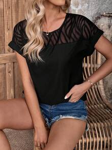 SHEIN LUNE 女士固色露肩拼接蝙蝠袖衫 - 黑色 - 查看 6