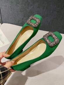 Fall/Winter Fashionable Classic Suede Chunky Heel Square Toe Pumps With Full Rhinestone Buckle Detailing For Women,Flats - Green - View 4