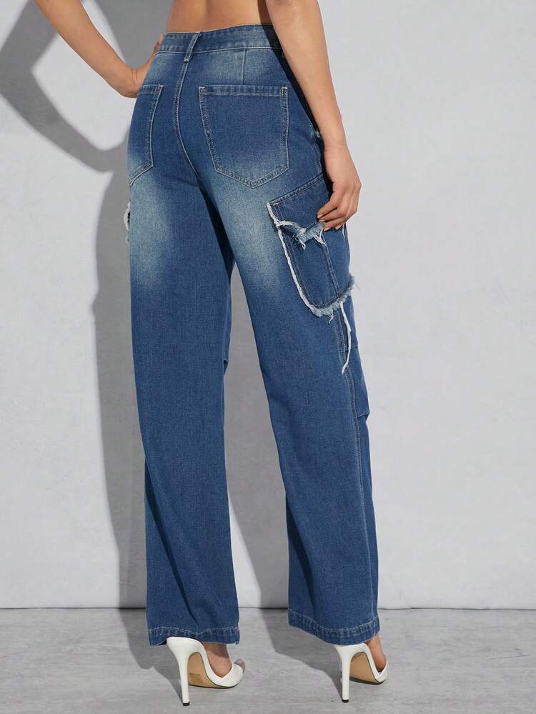 Frayed Cargo Pocket Wide Leg Casual Jeans