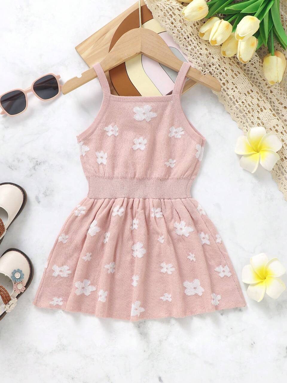 Baby Girl's Floral Pattern Sleeveless Knitted Sweater Dress With Waist Tie