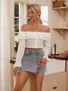 GENKIRA 女士純色露肩空心刺繡短款上衣 - 白色 - 查看 3