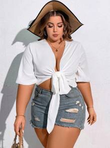 SHEIN CURVE+ 大尺碼純色束腰短款和服外套 - 白色 - 查看 6
