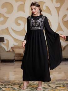 Layrah Women'S Glitter Patchwork Flare Sleeve Turkish Long Shirt Eid Dress, Elegant Luxury Evening Party Style Kaftan Jalabiya Dress - Black - View 5