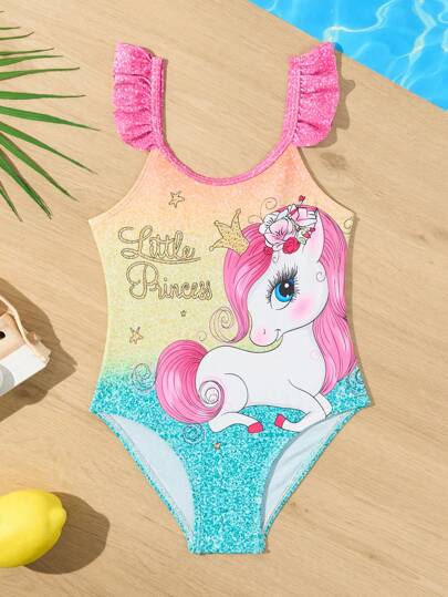 SHEIN Young Girls' Cartoon Unicorn Position Printed One-Piece Swimsuit