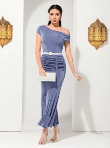 Modelyn Women's Solid Color Asymmetrical Collar Gathered Fish-Tail Dress, Semi Formal Dress Long Evening Dresses - Dusty Blue - View 7