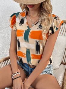 SHEIN LUNE 幾何圖案荷葉邊上衣