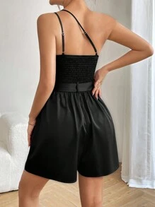 Allurite Solid Color One Shoulder Floral Detail High Waist Romper