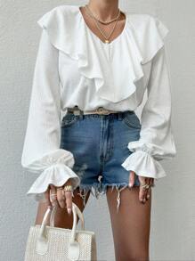 RueChic Ruffle Draped Neck In Glitter Printed Elastic Textured Fabric With Elastic Cuffs Elegant Leisure Style - White - View 4