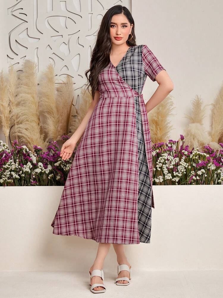 Color Block Grid Pattern Wrap V-Neck Dress