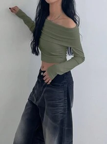 DAZY 女式纯色露肩长袖 T 恤，秋季女装短款女式上衣 - 橄欖綠 - 查看 5