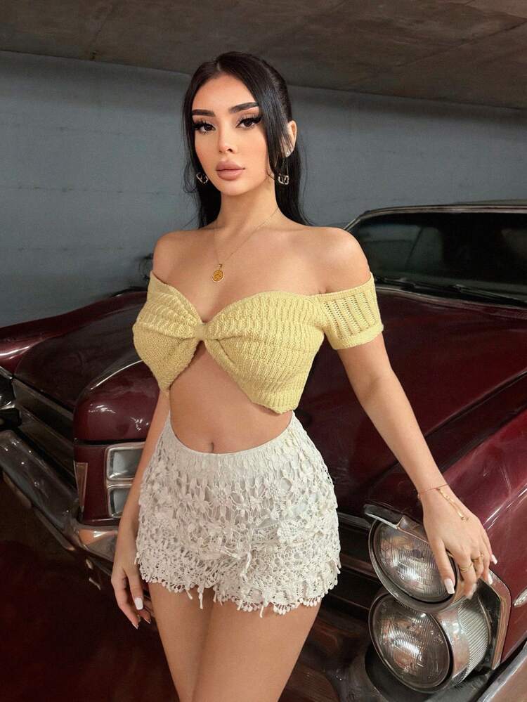 Women's Off Shoulder Sexy Crochet Lace Hollow Out Short Knitted Top Fall Cloth For Women
