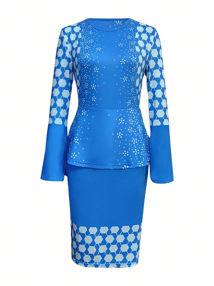 Women'S Patchwork Geometric Printed Split Sleeve Bodycon Dress Fall Cloth For Women