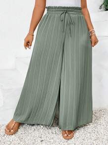 SHEIN Frenchy 大尺碼高腰彈性壓褶寬褲 - 綠色 - 查看 5