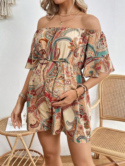 SHEIN Paisley Printed Maternity Off Shoulder Drawstring Waist Romper
