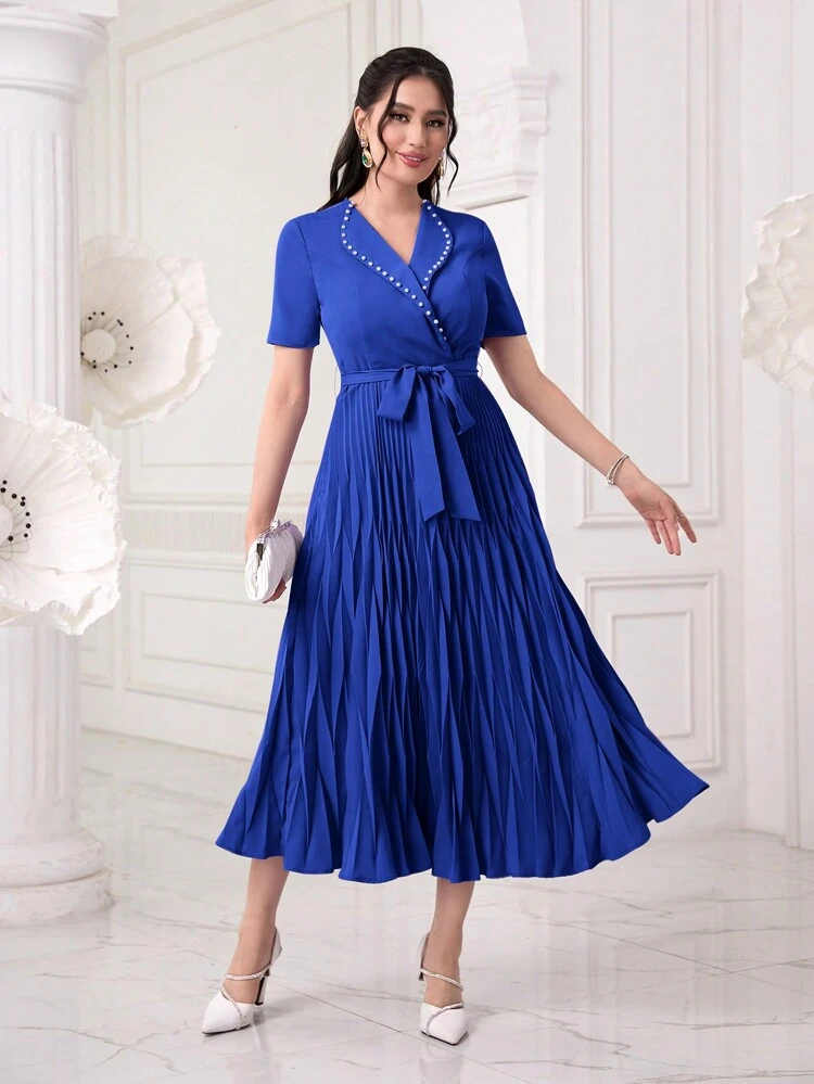 Women's Beaded Shoulder Cape Collar Pleated Hem Shift Dress