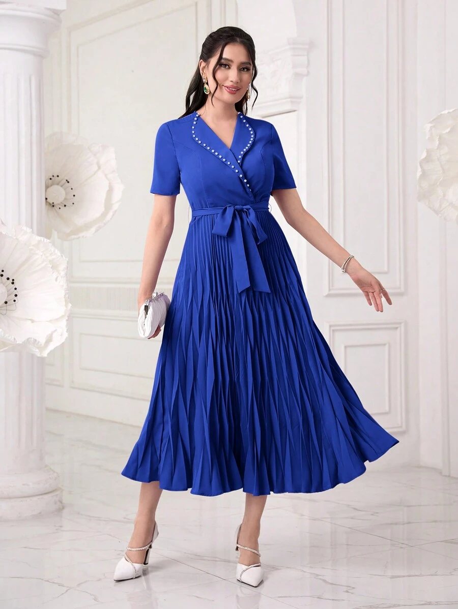 Modelyn Vestido Recto Con Dobladillo Plisado Y Cuello Tipo Capa Con Hombros Descubiertos Para Mujer - azul real - Ver 1