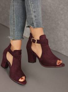 Fall/Winter 2025 High-Heeled Sandals, Burgundy Red Suede Strap Buckled Women's Shoes,Women Boots - Burgundy - View 3