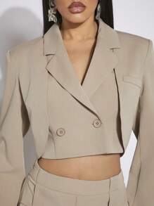 Hauture 雙排扣疊接短款西裝外套 - 卡其色 - 查看 5