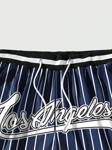 ROMWE MEN Prep Men Building & Letter Graphic Drawstring Waist Mesh Basketball Shorts, School - Navy Blue - View 8