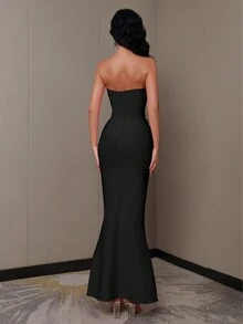 新款性感无肩带黑色珍珠串珠装饰婚纱、派对礼服、绷带晚礼服、婚礼宾客礼服 - 黑色 - 查看 2