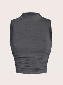 SHEIN EZwear 女式立領無袖背心上衣，適合夏季穿著，帶有褶皺，修身設計 - 深灰色 - 查看 1