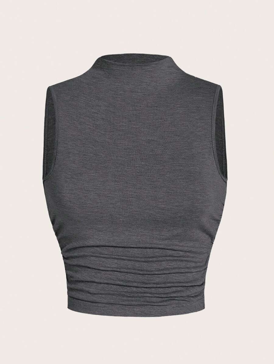 SHEIN EZwear 女式立領無袖背心上衣，適合夏季穿著，帶有褶皺，修身設計 - 深灰色 - 查看 1